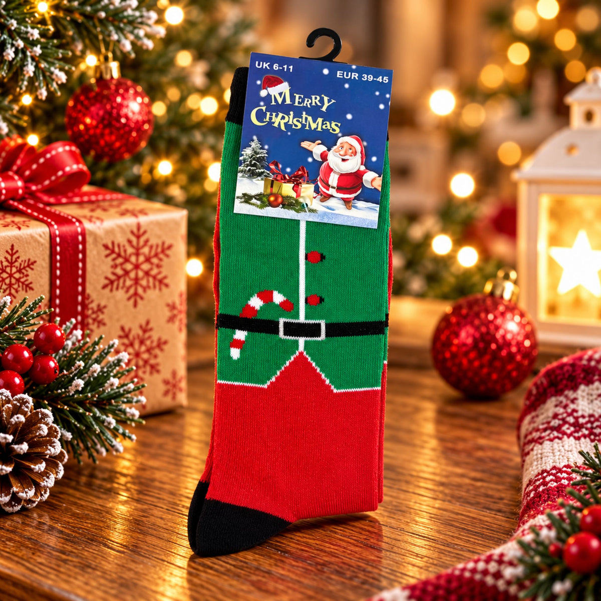 Christmas Novelty Socks – Green Elf Costume Design – UK 6–11 - WahooGifts