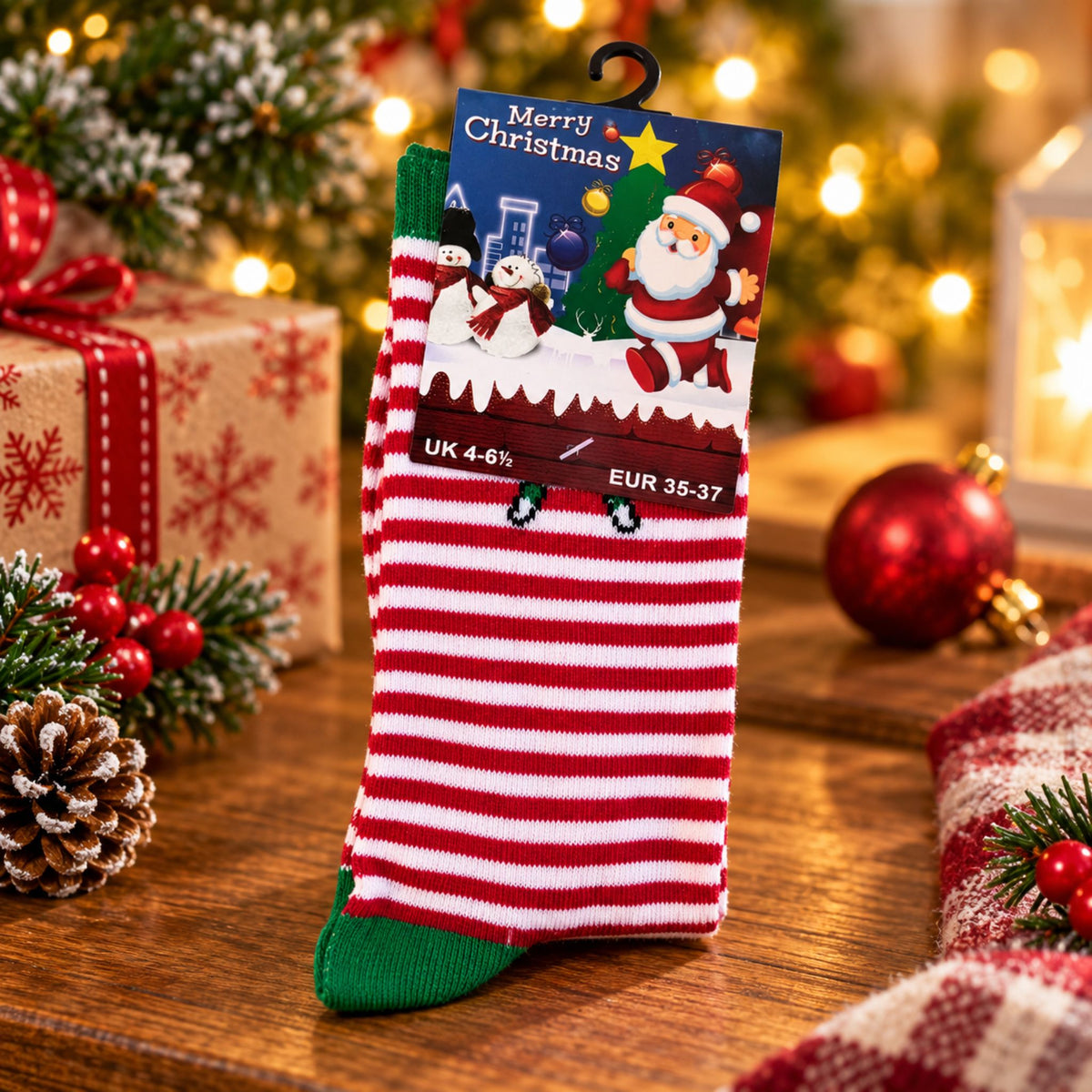 Christmas Novelty Socks – Red & White Striped Design – UK 4–6.5 - WahooGifts