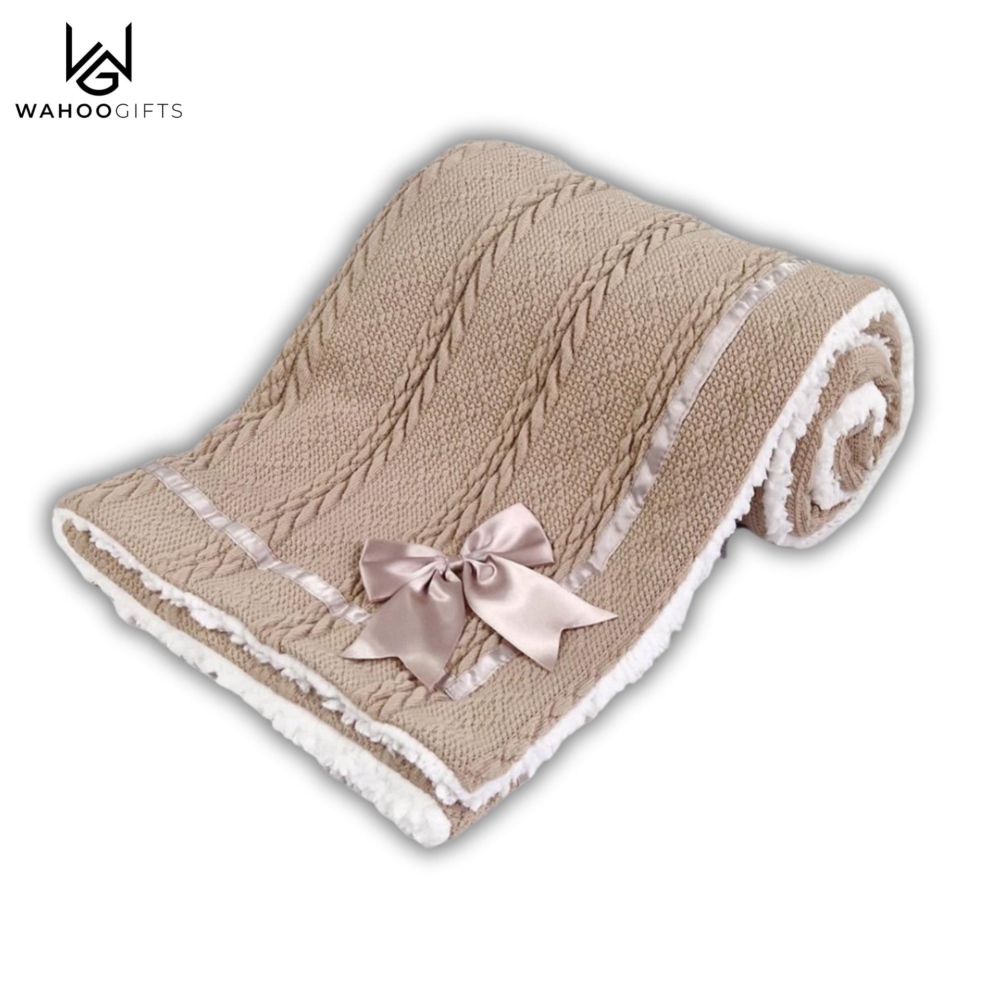 Coffee Chevron Knit Baby Blanket With Satin Bow - WahooGifts