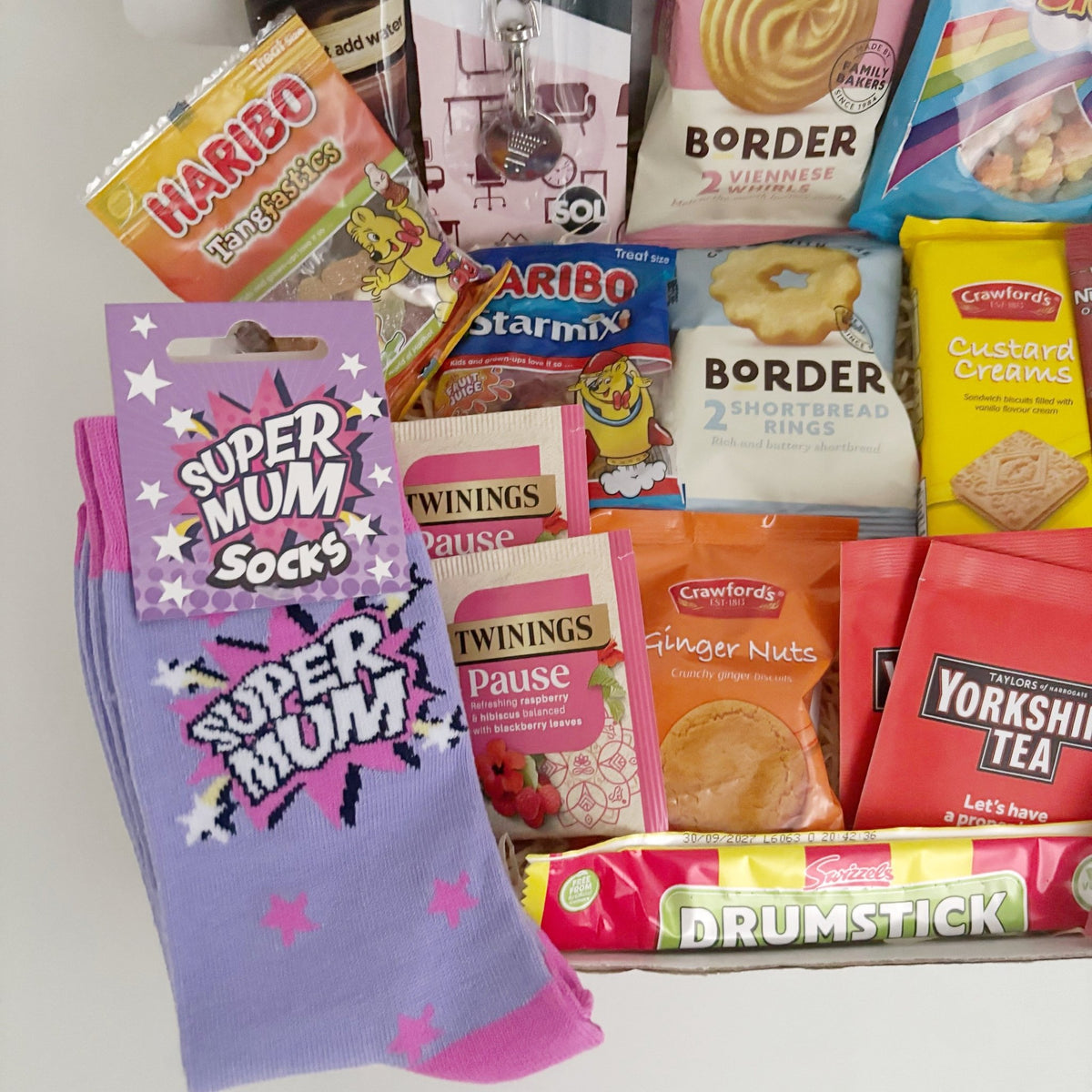 Gifts for Mums Who Have Everything – Super Mum Socks & Treat Hamper - WahooGifts