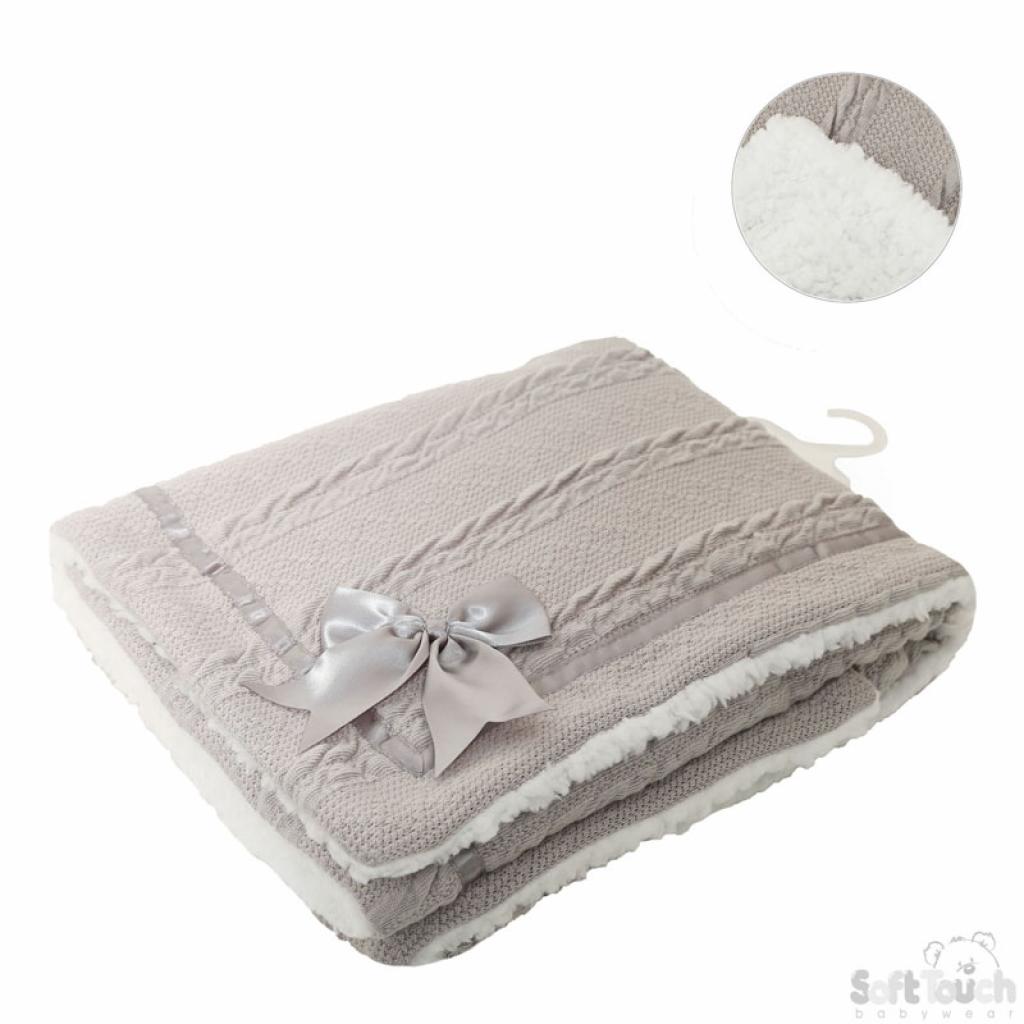 Grey Chevron Knit Baby Blanket With Satin Bow - WahooGifts