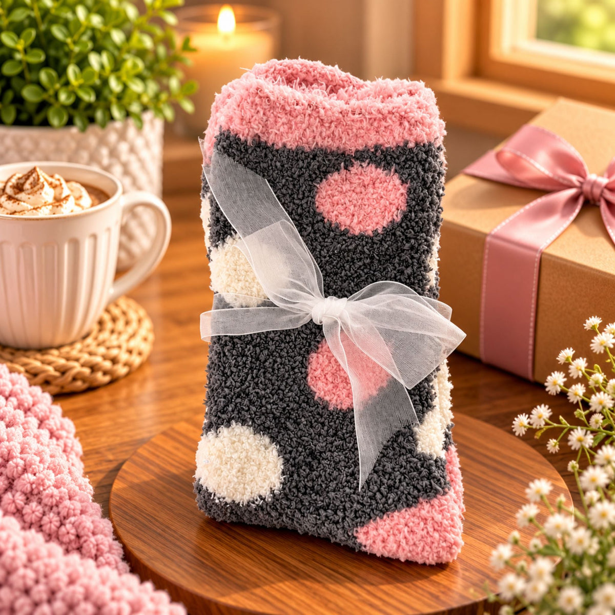 Ladies Fluffy Cosy Socks – Grey & Pink Polka Dot - WahooGifts