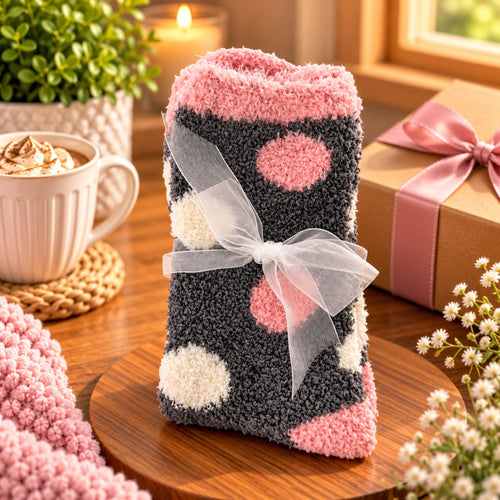 Ladies Fluffy Cosy Socks – Grey & Pink Polka Dot