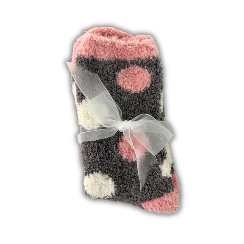 Ladies Fluffy Cosy Socks – Grey & Pink Polka Dot