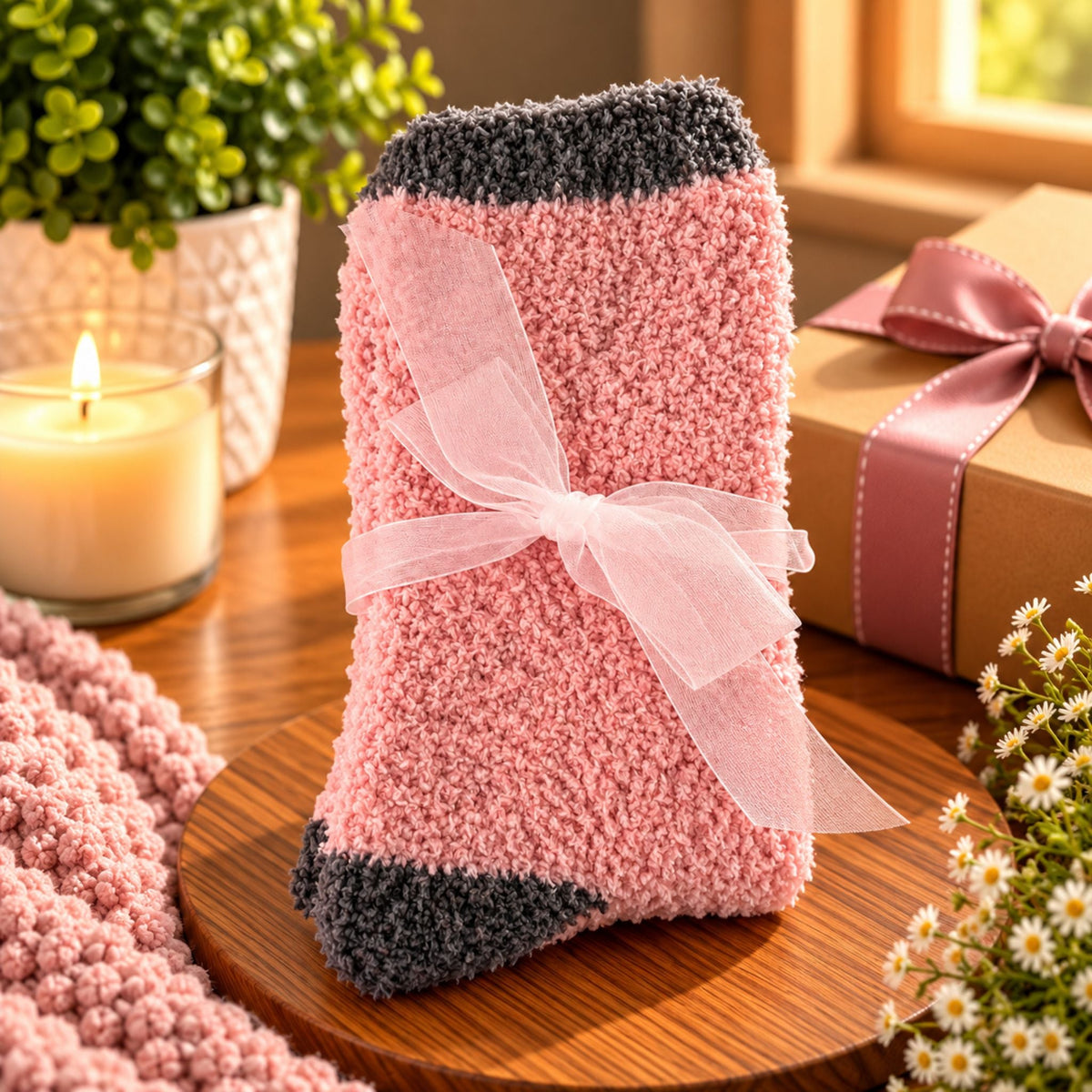 Ladies Fluffy Cosy Socks – Pink with Grey Trim Gift Set - WahooGifts