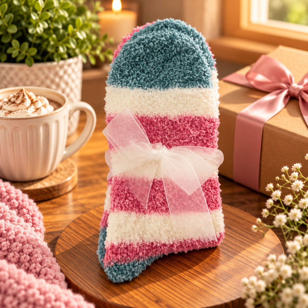 Ladies Fluffy Socks – Pink, Cream & Teal Striped Cosy Gift - WahooGifts