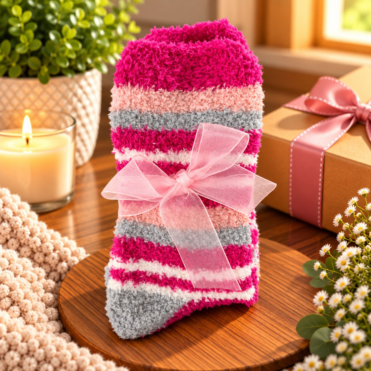 Ladies Fluffy Striped Cosy Socks Gift Set – Pink, Grey & White - WahooGifts