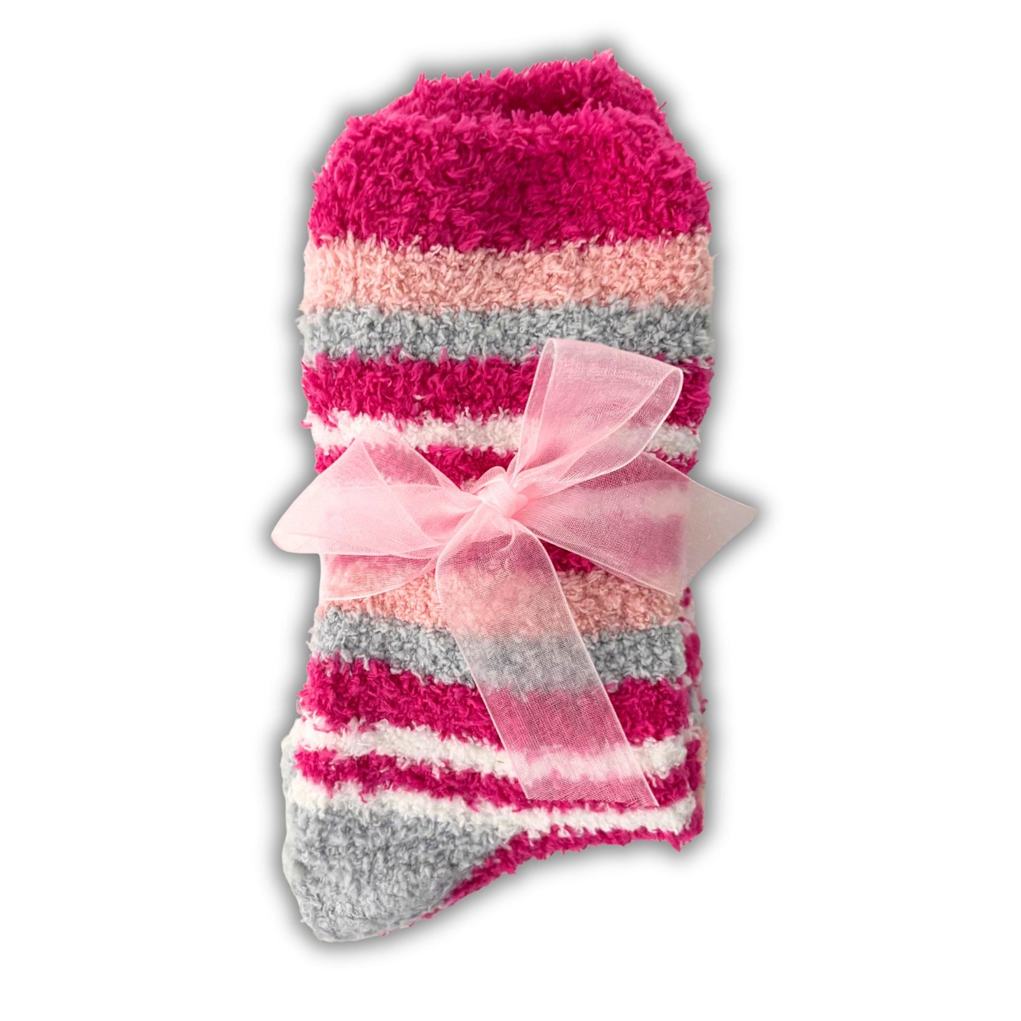 Ladies Fluffy Striped Cosy Socks Gift Set – Pink, Grey & White - WahooGifts