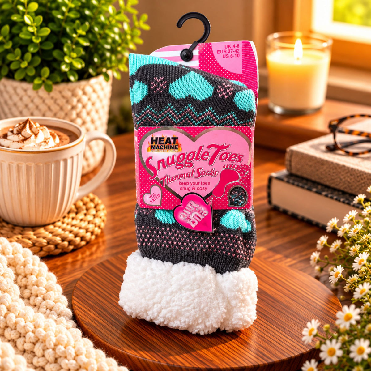 Ladies Heat Machine Snuggle Toes Heart Print Fluffy Socks - WahooGifts
