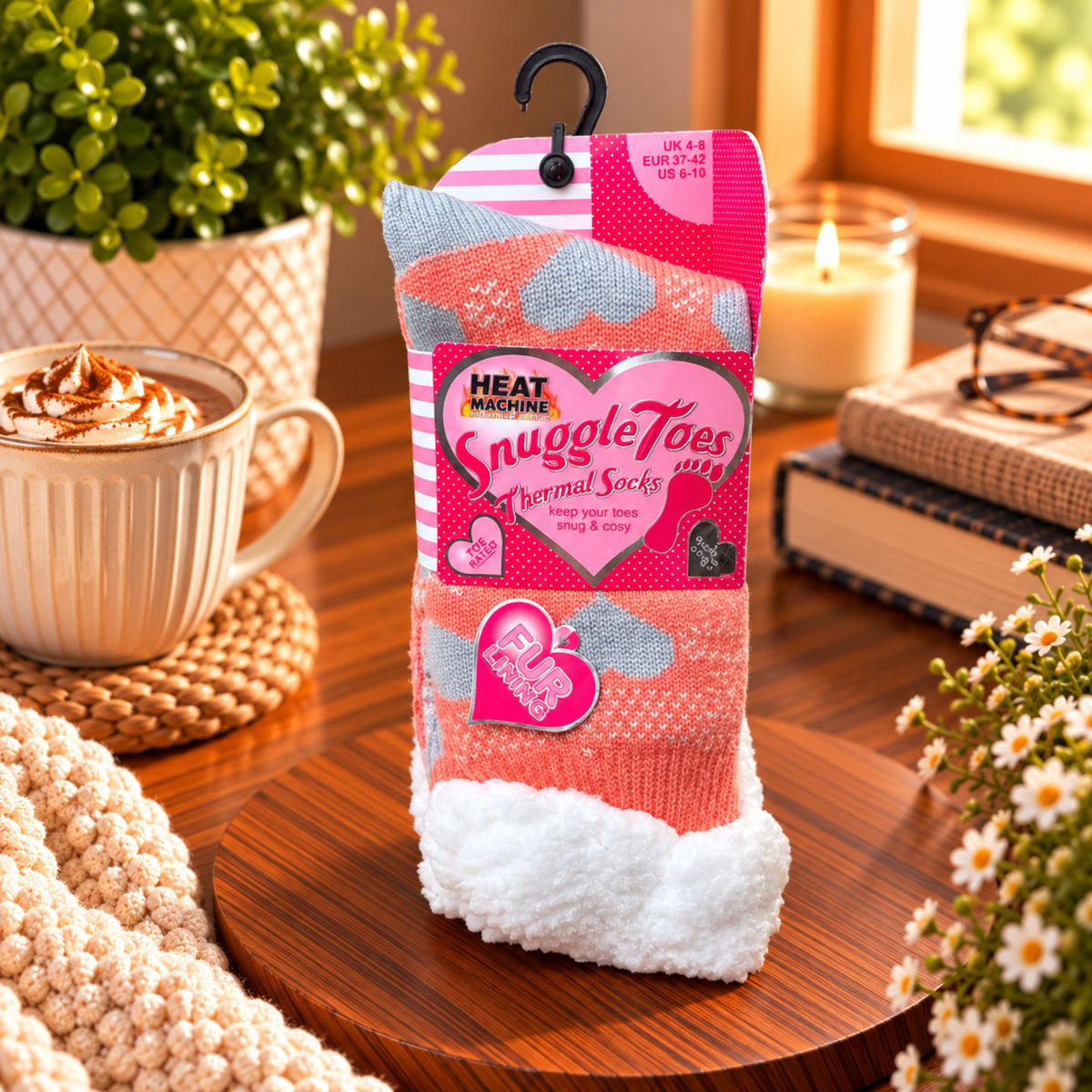 Ladies Heat Machine Snuggle Toes Heart Print Fluffy Socks - Orange - WahooGifts