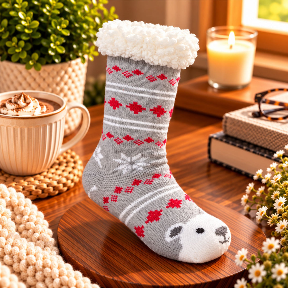 Ladies Polar Bear Slipper Fluffy Socks with Lining - WahooGifts