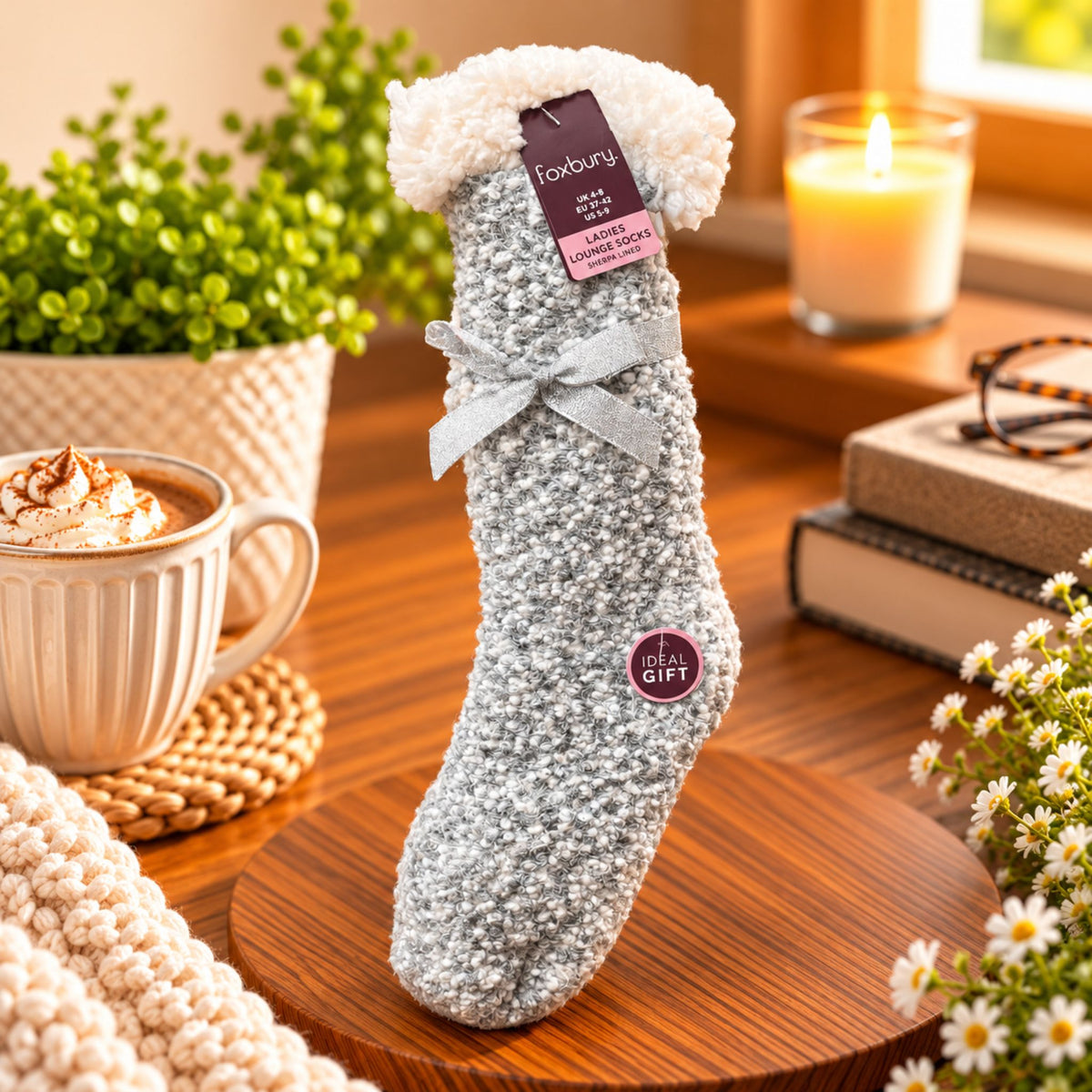 Ladies Popcorn Lounge Fluffy Socks With Pom Poms + Sherpa Lining - Grey - WahooGifts