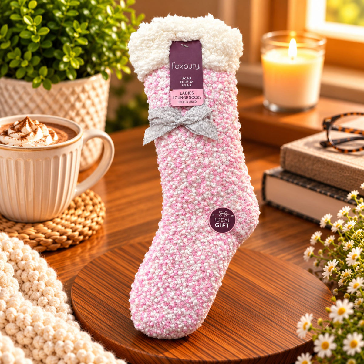 Ladies Popcorn Lounge Fluffy Socks With Pom Poms + Sherpa Lining - Pink - WahooGifts