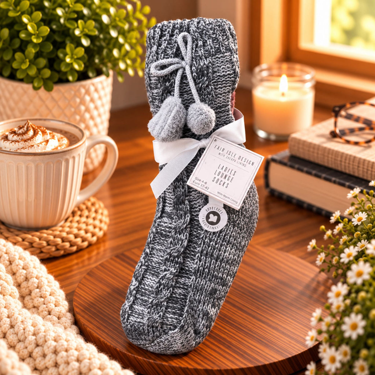 Ladies Sparkle Knit Sherpa Lined Fluffy Socks with Gripper - Grey - WahooGifts