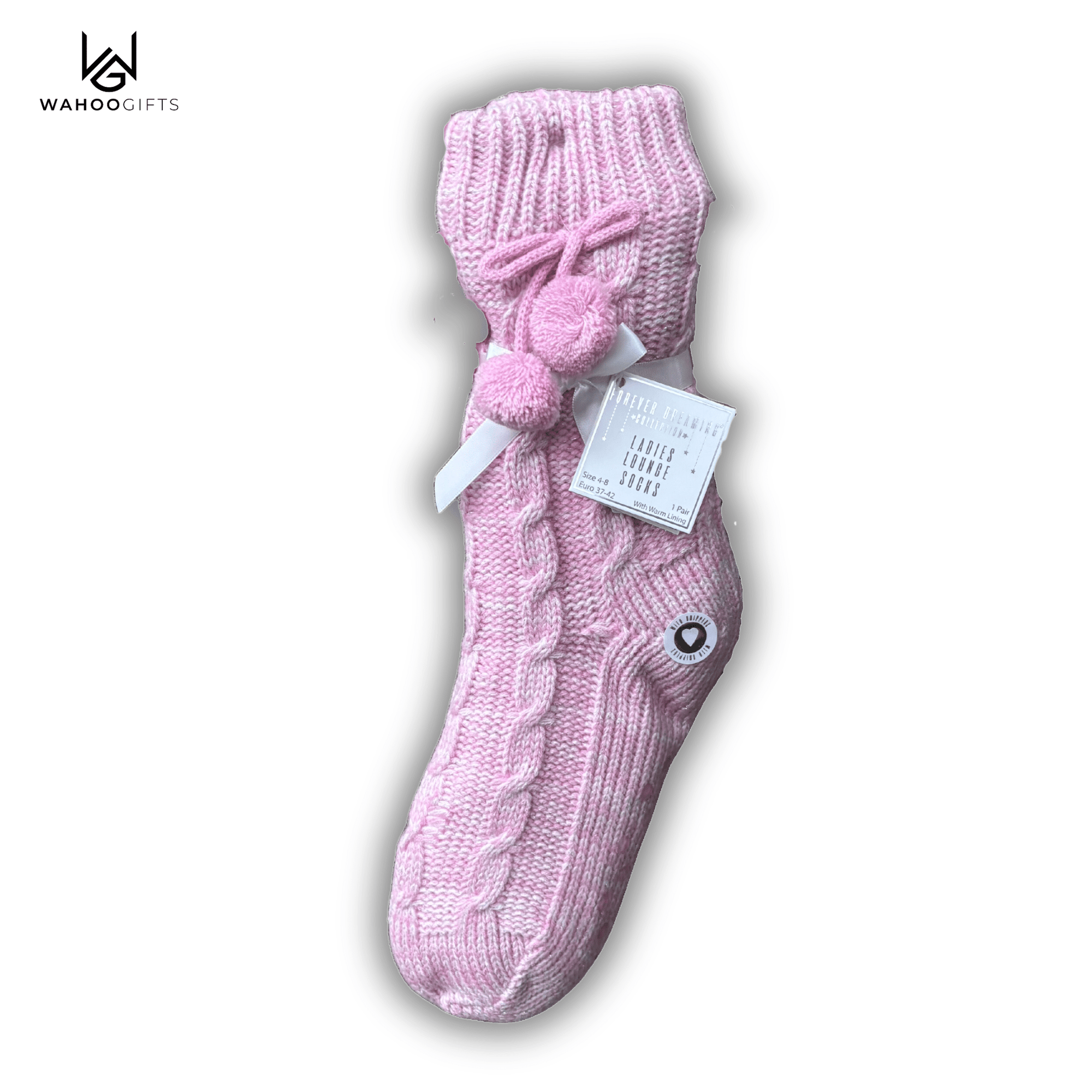 Ladies Sparkle Knit Sherpa Lined Fluffy Socks with Gripper - Pink - WahooGifts