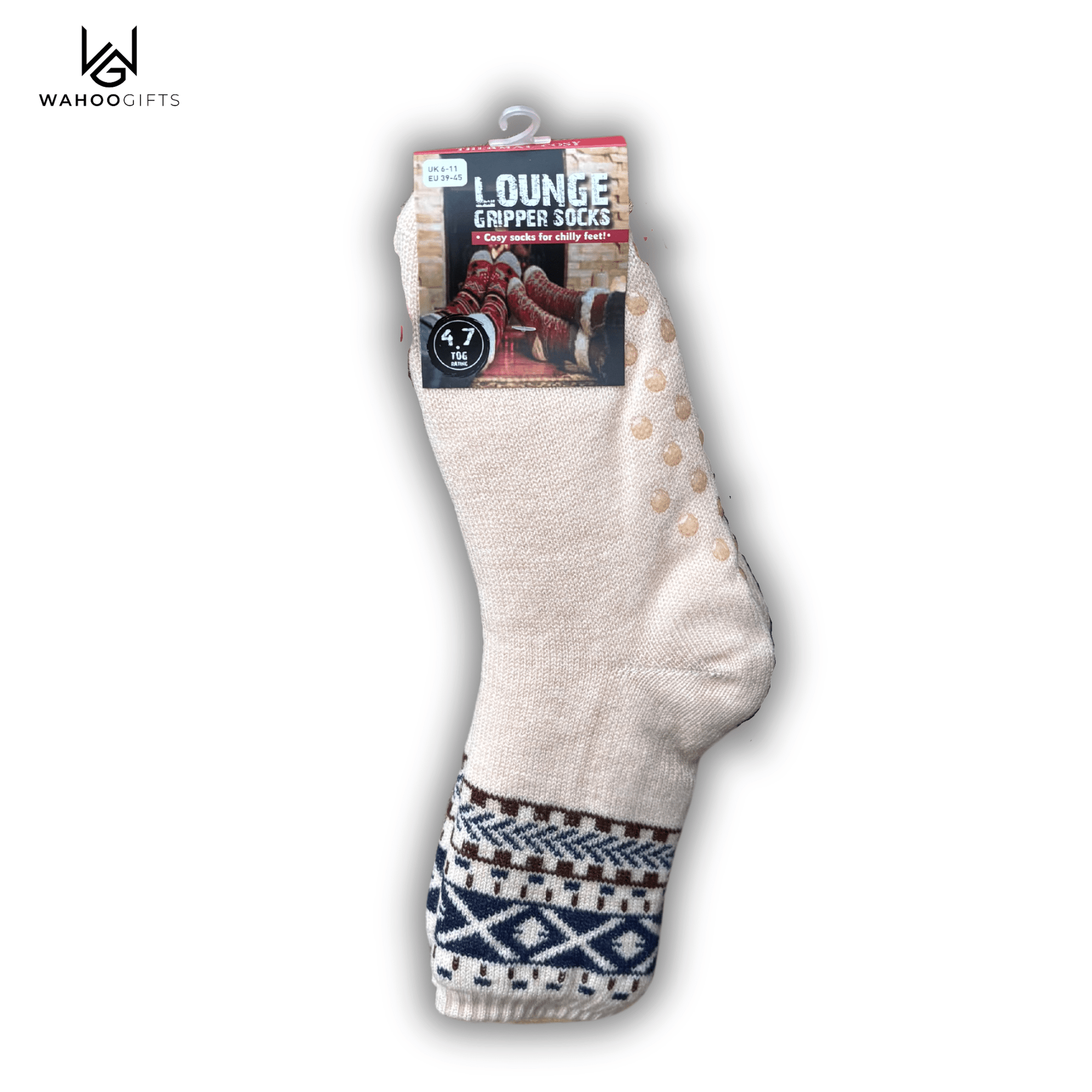 Mens 4.7 Tog Rated Lounge Fluffy Socks With Gripper Sole Aztec - Cream - WahooGifts