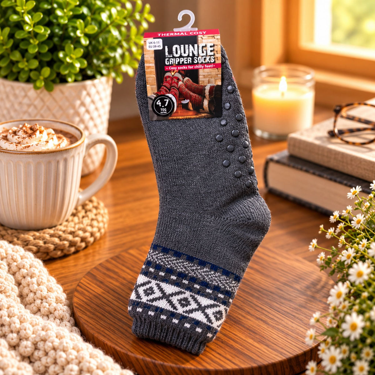 Mens 4.7 Tog Rated Lounge Fluffy Socks With Gripper Sole Aztec - Grey - WahooGifts