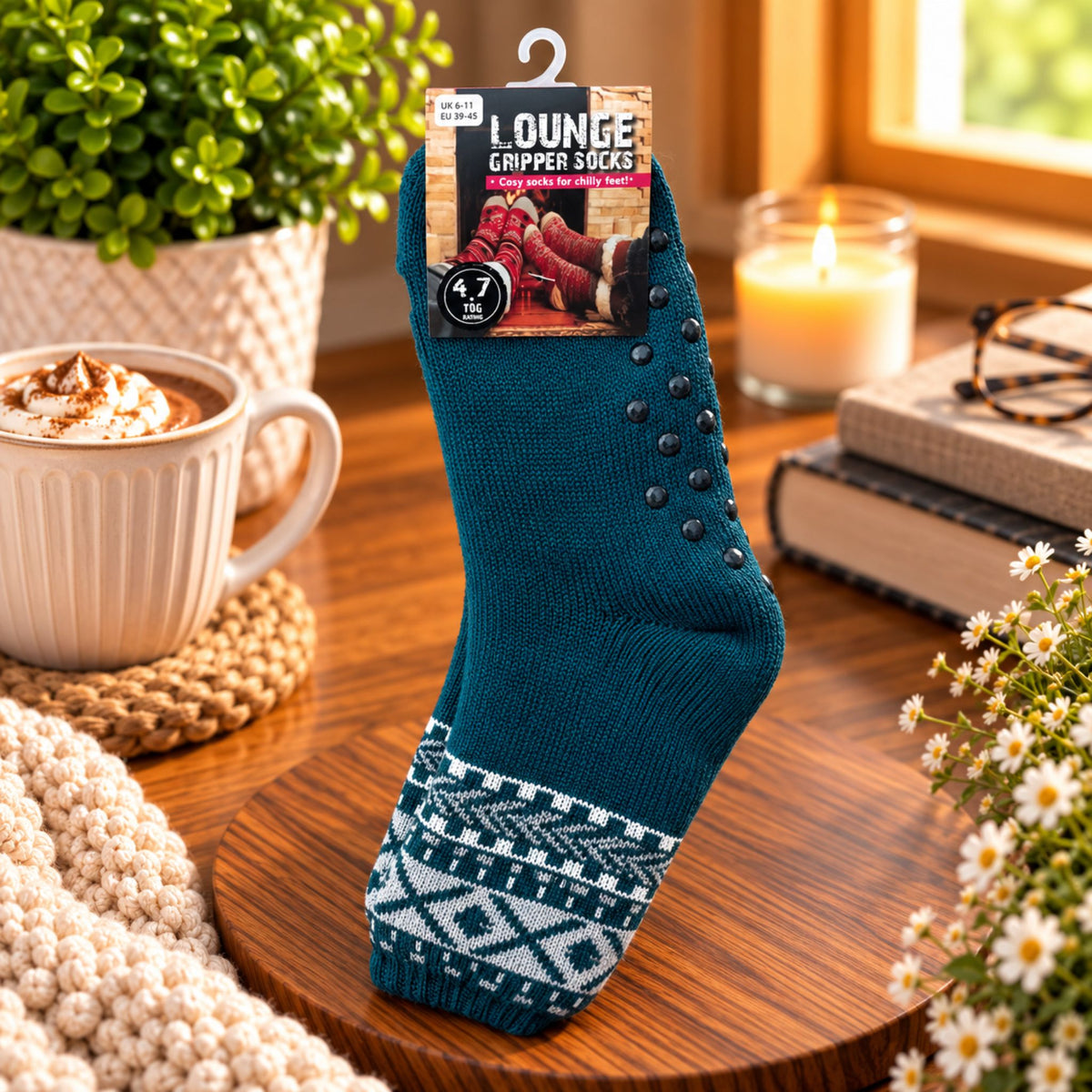 Mens 4.7 Tog Rated Lounge Fluffy Socks With Gripper Sole Aztec - Teal - WahooGifts