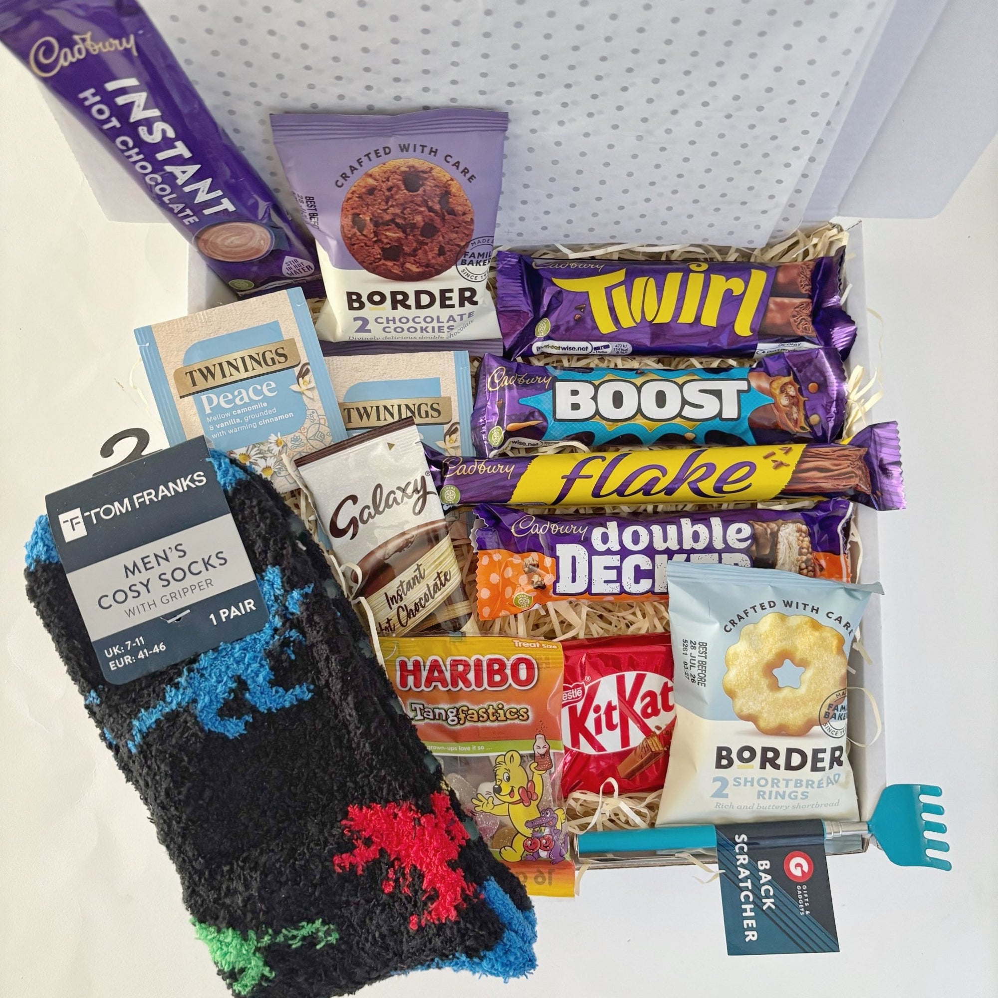 Mens Chocolate Snack Hamper with Socks Hot Chocolate and Biscuits - WahooGifts