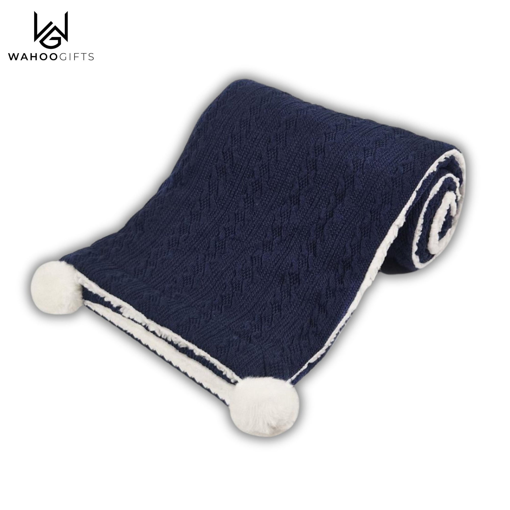 Navy Blue Cable Knit Baby Blanket With Poms - WahooGifts