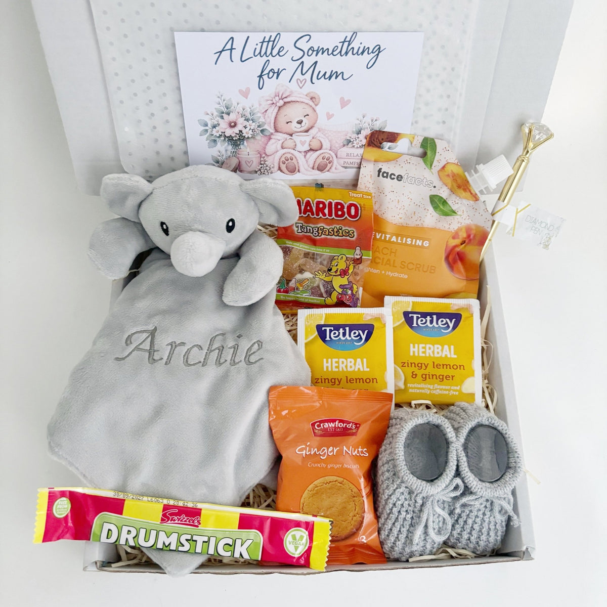 Newborn Gift Basket – Personalised Elephant Comforter & Baby Booties - WahooGifts