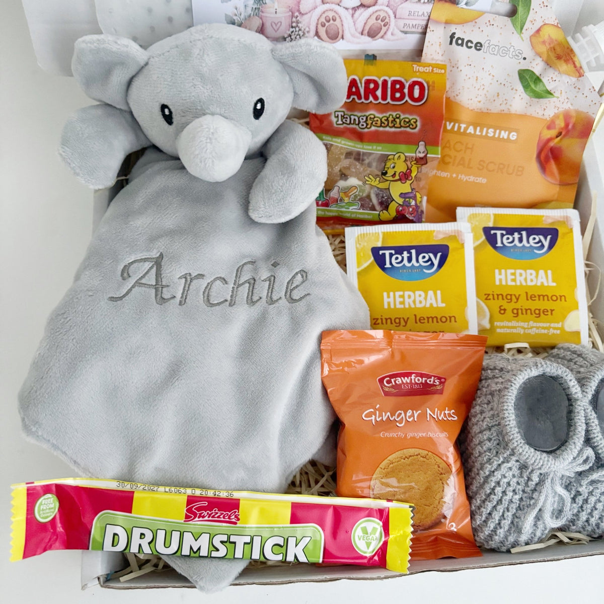 Newborn Gift Basket – Personalised Elephant Comforter & Baby Booties - WahooGifts