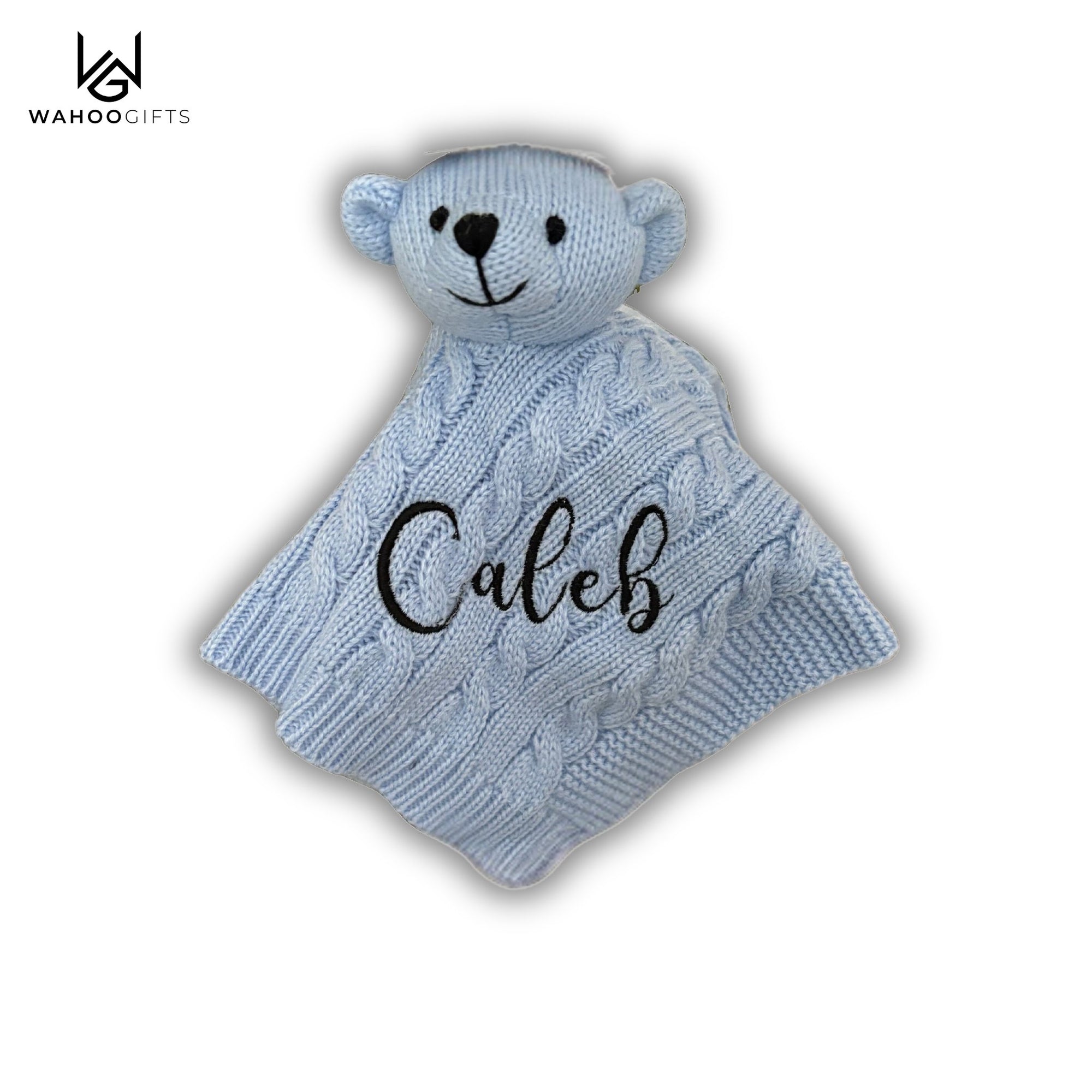 Personalised Blue Elegance Cable Knit Teddy Baby Comforter - WahooGifts