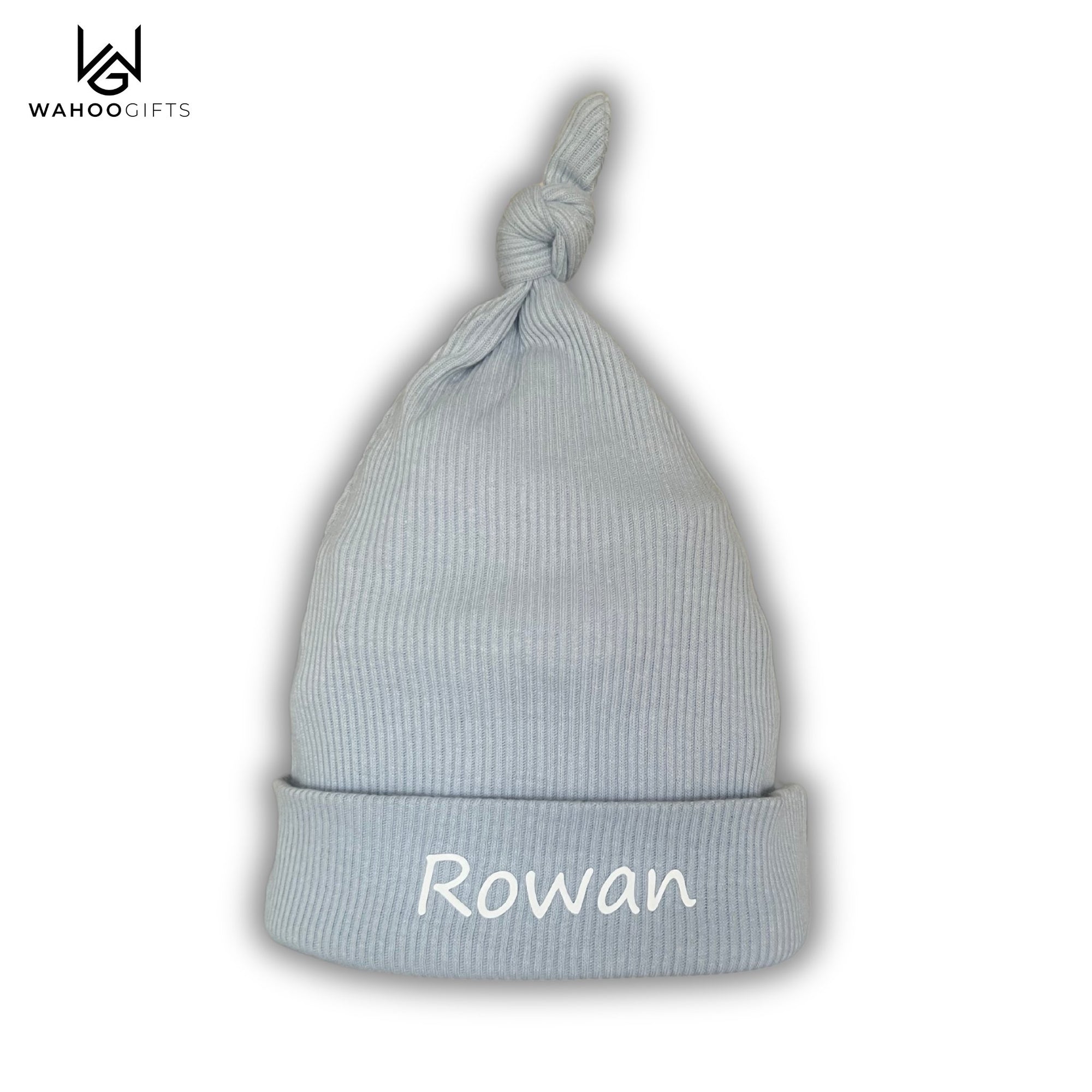 Personalised Dusky Blue Ribbed Knotty Baby Hat - WahooGifts