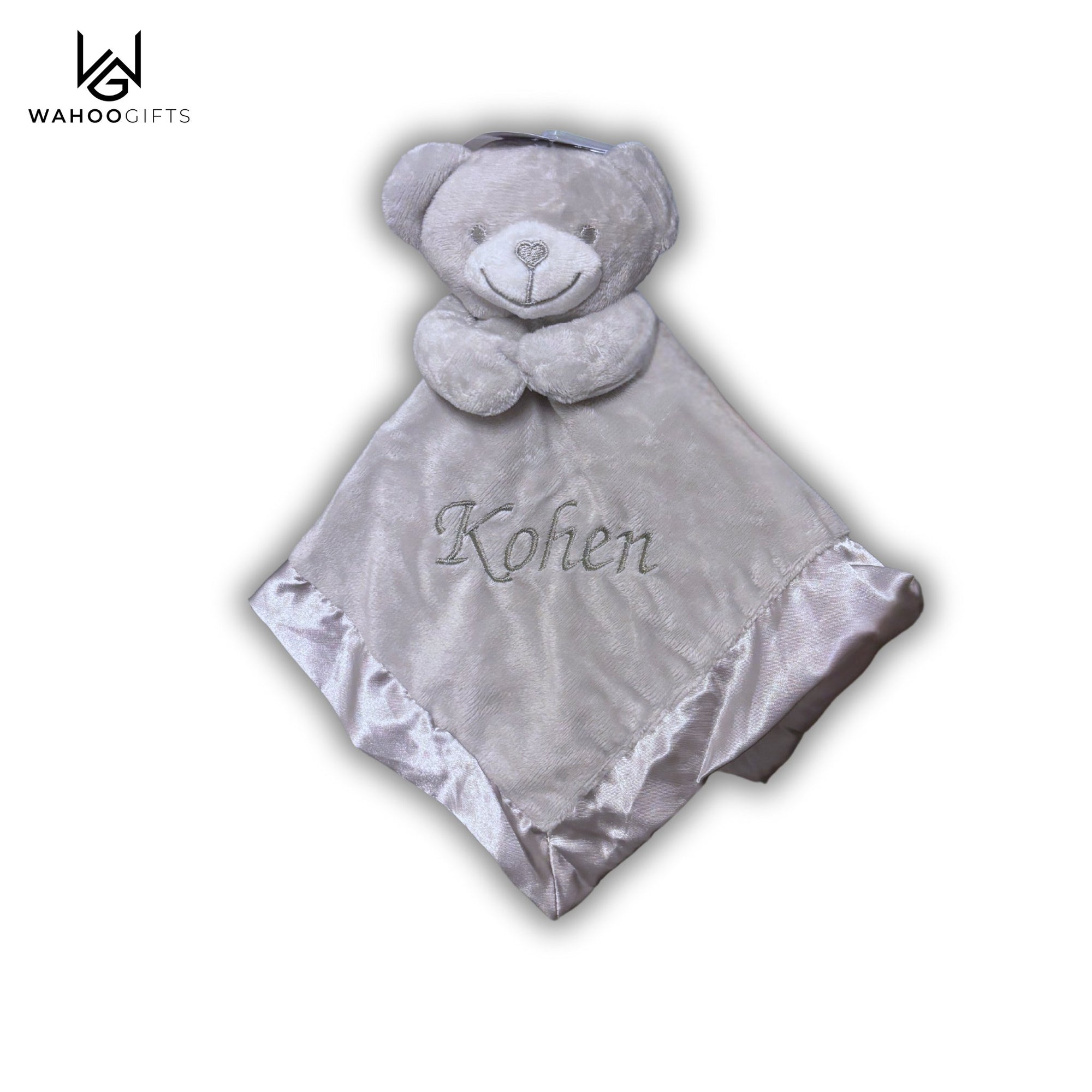 Personalised Grey Bear Baby Comforter With Satin Back - WahooGifts