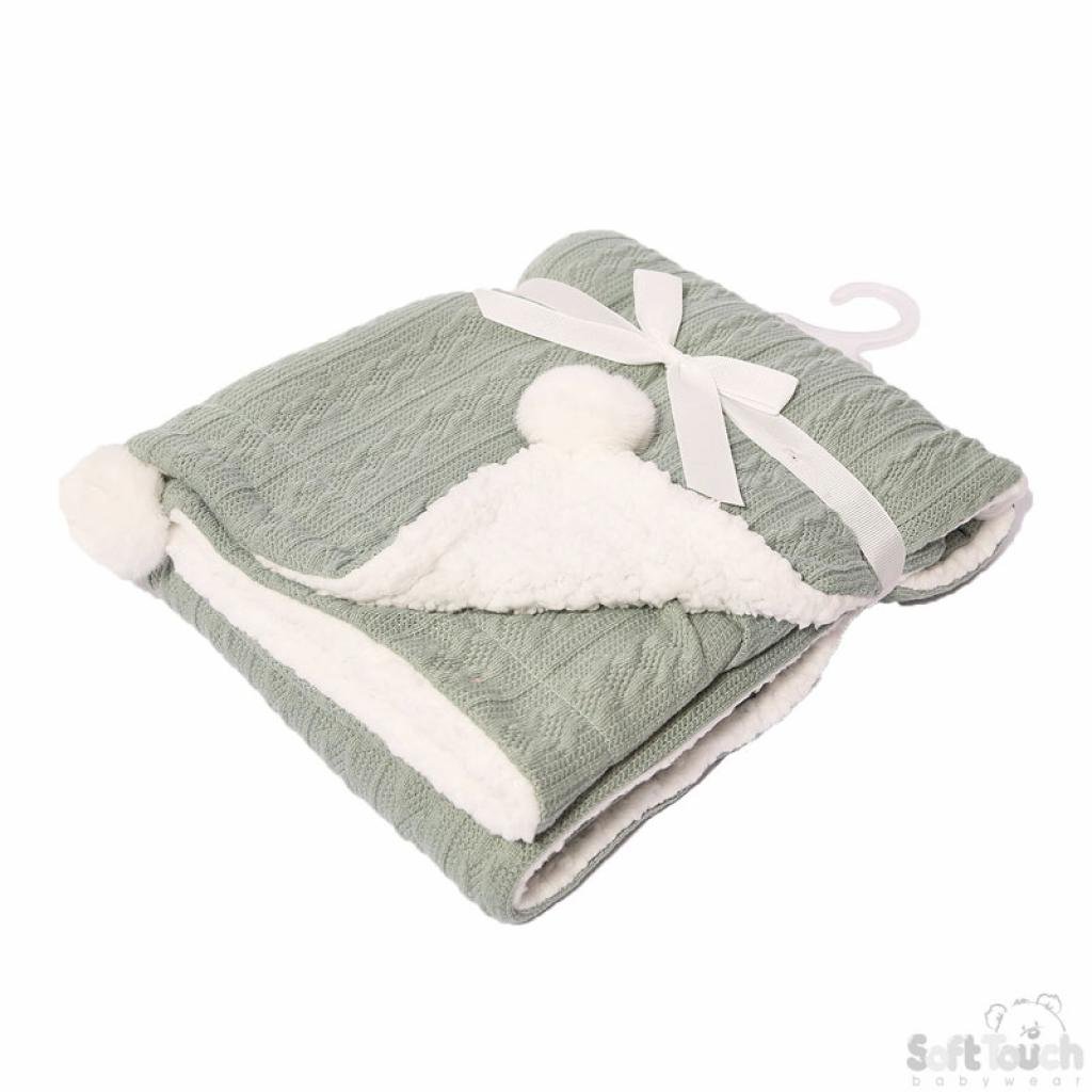 Sage Green Cable Knit Baby Blanket With Poms - WahooGifts