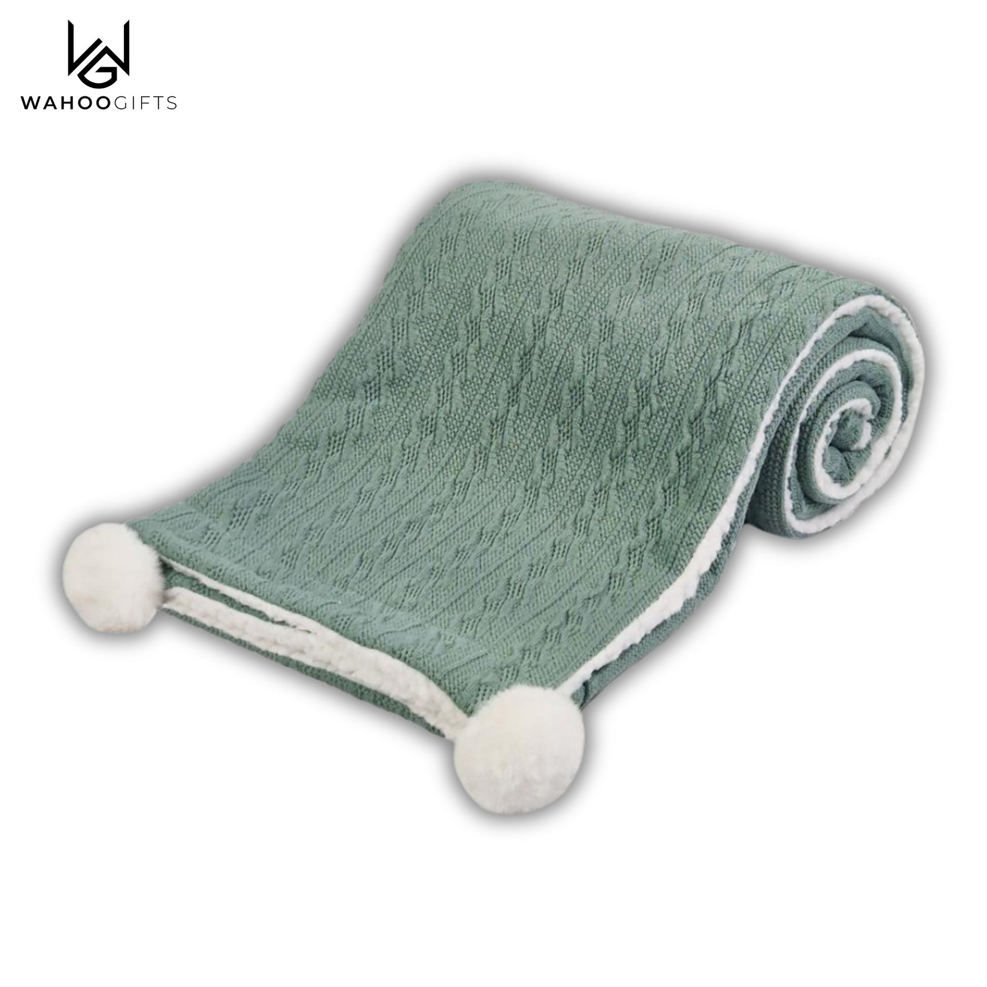 Sage Green Cable Knit Baby Blanket With Poms - WahooGifts