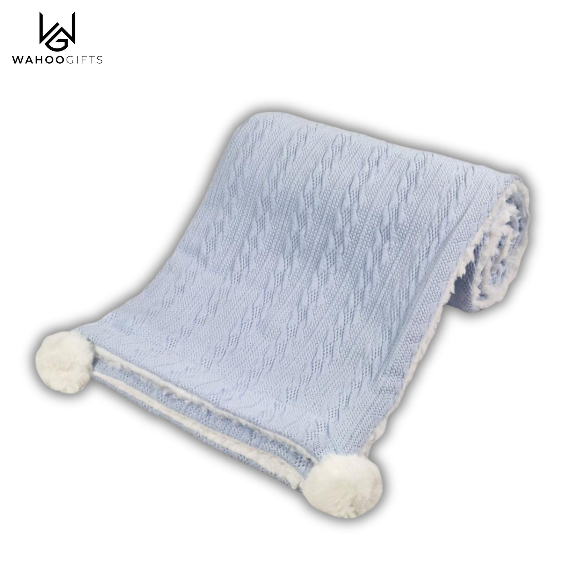 Sky Blue Cable Knit Baby Blanket With Poms - WahooGifts